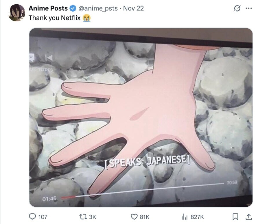 Anime Posts @anime_psts Nov 22 s... Thank you Netflix US-TITRES ISPEAKS JAPANESE 20:59 01:45 107 3K 81K 827K 