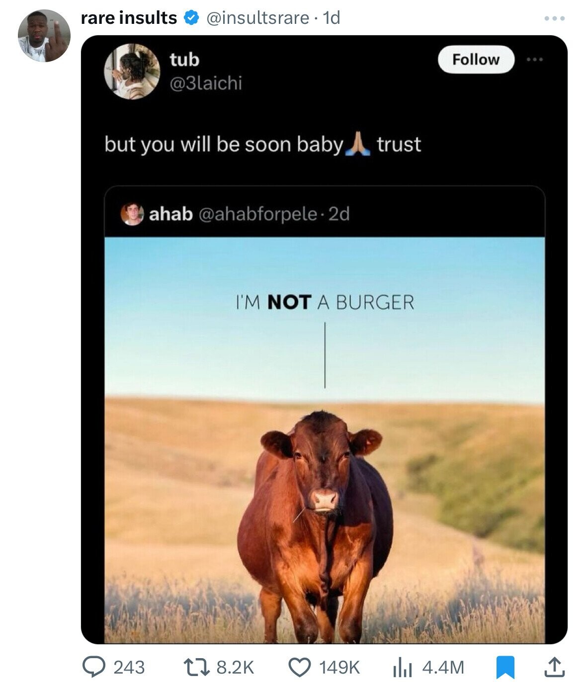 rare insults @insultsrare e 1d tub Follow @3laichi but you will be soon baby trust ahab @ahabforpele.2d I'M NOT A BURGER 243 8.2K 149K 4.4M