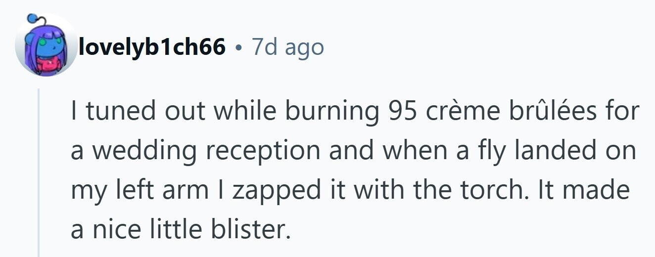 lovelyb1ch66 . 7d ago | tuned out while burning 95 crème brûlées for a wedding reception and when a fly landed on my left arm I zapped it with the torch. It made a nice little blister. 