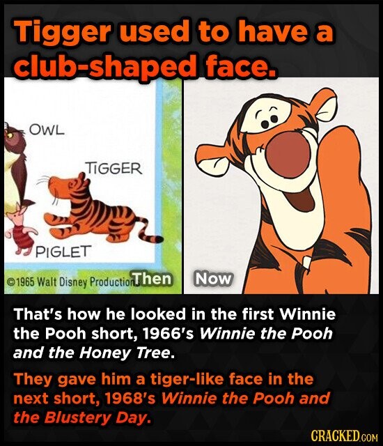 Tigger used to have a club-shaped face. OWL TIGGER PIGLET Now ©1965 Walt Disney Production That's how he looked in the first Winnie the Pooh short, 1966's Winnie the Pooh and the Honey Tree. They gave him a tiger-like face in the next short, 1968's Winnie the Pooh and the Blustery Day. CRACKED.COM