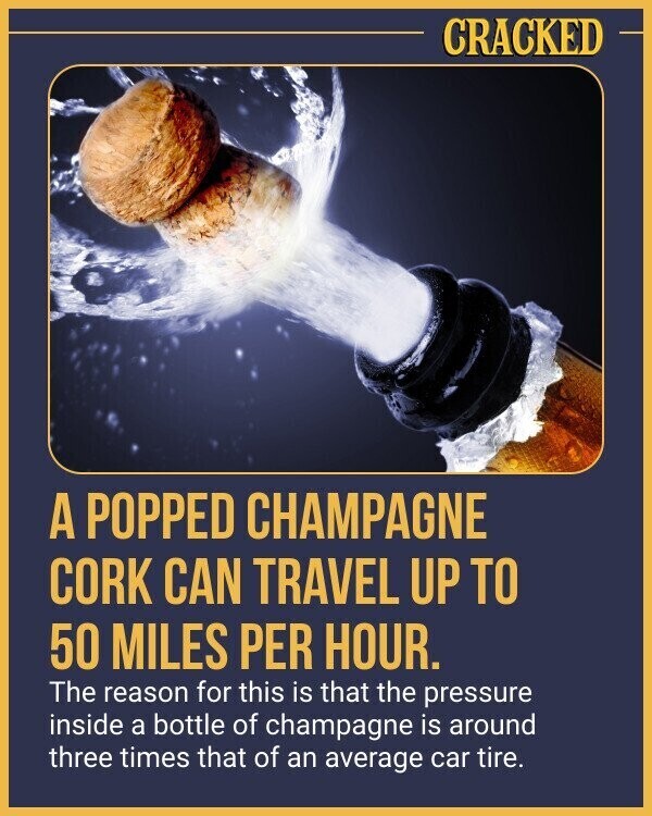 CRACKED A POPPED CHAMPAGNE CORK CAN TRAVEL UP TO 50 MILES PER HOUR. The reason for this is that the pressure inside a bottle of champagne is around three times that of an average car tire.