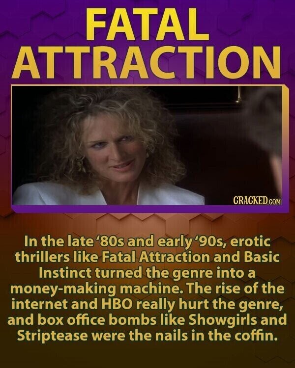 FATAL ATTRACTION CRACKED.COM In the late '80s and early '90s, erotic thrillers like Fatal Attraction and Basic Instinct turned the genre into a money-making machine. The rise of the internet and HBO really hurt the genre, and box office bombs like Showgirls and Striptease were the nails in the coffin.