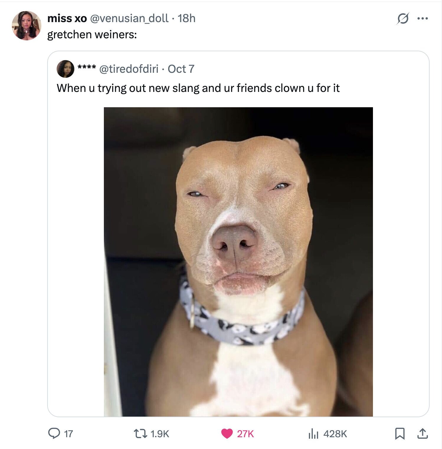 s miss XO @venusian_doll.1 18h ... gretchen weiners: **** @tiredofdiri Oct 7 When u trying out new slang and ur friends clown u for it 17 1.9K 27K 428K 