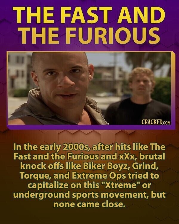 THE FAST AND THE FURIOUS CRACKED.COM In the early 2000s, after hits like The Fast and the Furious and хХх, brutal knock offs like Biker Boyz, Grind, Torque, and Extreme Ops tried to capitalize on this Xtreme or underground sports movement, but none came close.
