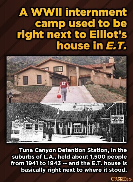 A WWII internment camp used to be right next to Elliot's house in E.T. 17 USW MARATHON CARTION unger - AMERICAN ONLY Tuna Canyon Detention Station, in the suburbs of L.A., held about 1,500 people from 1941 to 1943 - and the E.T. house is basically right next to where it stood. CRACKED.COM