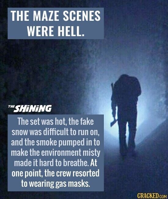 THE MAZE SCENES WERE HELL. THE SHiNiNG The set was hot, the fake snow was difficult to run on, and the smoke pumped in to make the environment misty made it hard to breathe. At one point, the crew resorted to wearing gas masks. CRACKED.COM