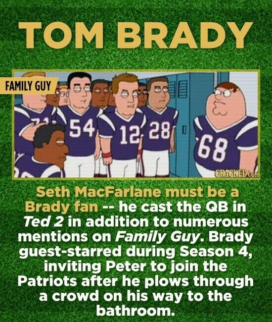 TOM BRADY FAMILY GUY 54 28 12 68 GRACKED.COM Seth MacFarlane must be a Brady fan - - he cast the QB in Ted 2 in addition to numerous mentions on Family Guy. Brady guest-starred during Season 4, inviting Peter to join the Patriots after he plows through a crowd on his way to the bathroom.