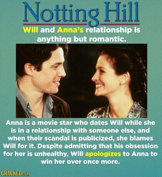 Notting Hill Will and Anna's relationship is anything but romantic. Anna is a movie star who dates Will while she is in a relationship with someone else, and when their scandal is publicized, she blames Will for it. Despite admitting that his obsession for her is unhealthy, Will apologizes to Anna to win her over once more. CRACKED COM