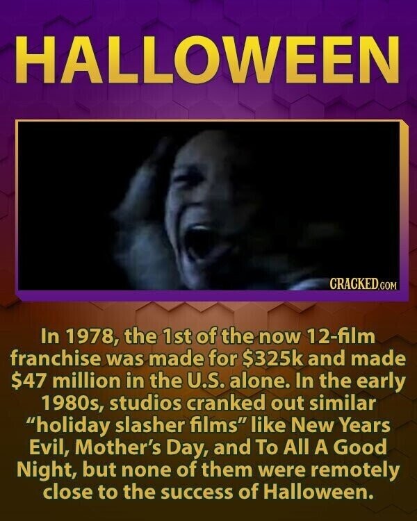 HALLOWEEN CRACKED.COM In 1978, the 1st of the now 12-film franchise was made for $325k and made $47 million in the U.S. alone. In the early 1980s, studios cranked out similar holiday slasher films like New Years Evil, Mother's Day, and To All A Good Night, but none of them were remotely close to the success of Halloween.