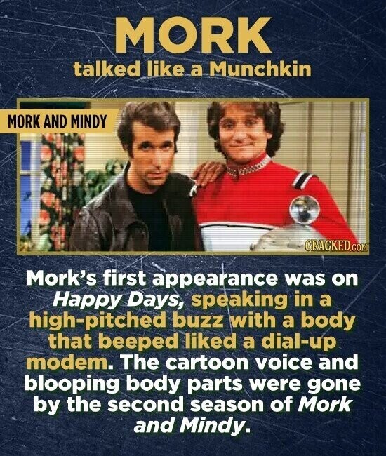 MORK talked like a Munchkin MORK AND MINDY CRACKED.COM Mork's first appearance was on Happy Days, speaking in a high-pitched buzz with a body that beeped liked a dial-up modem. The cartoon voice and blooping body parts were gone by the second season of Mork and Mindy.