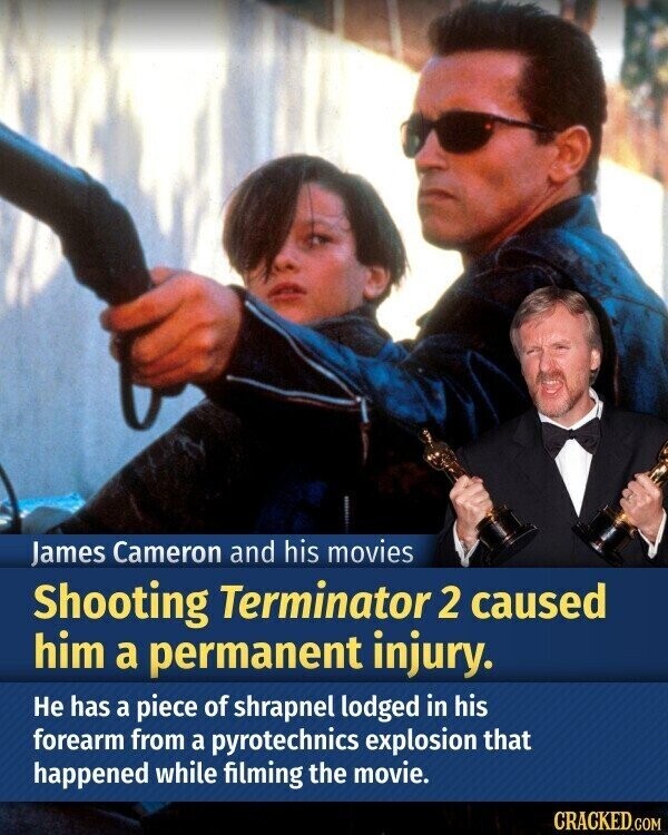 James Cameron and his movies Shooting Terminator 2 caused him a permanent injury. Не has a piece of shrapnel lodged in his forearm from a pyrotechnics explosion that happened while filming the movie. CRACKED.COM