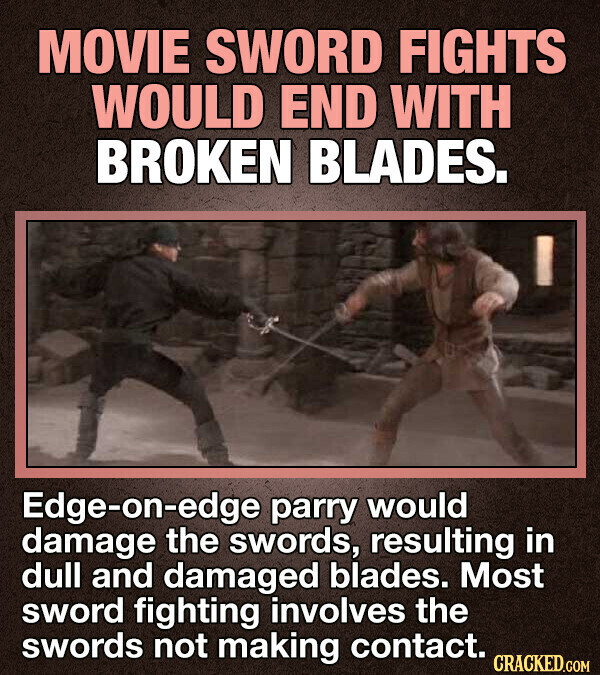 MOVIE SWORD FIGHTS WOULD END WITH BROKEN BLADES. Edge-on-edge parry would damage the swords, resulting in dull and damaged blades. Most sword fighting involves the swords not making contact. CRACKED.COM