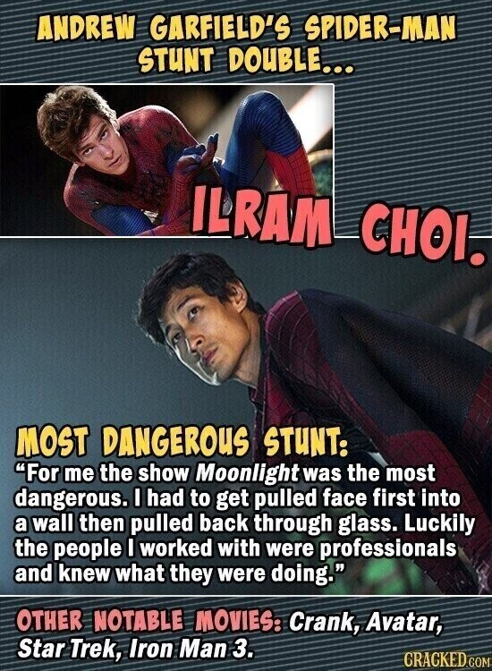 ANDREW GARFIELD'S SPIDER-MAN STUNT DOUBLE... ILRAM CHOI. MOST DANGEROUS STUNT: For me the show Moonlight was the most dangerous. I had to get pulled face first into a wall then pulled back through glass. Luckily the people I worked with were professionals and knew what they were doing. OTHER NOTABLE MOVIES: Crank, Avatar, Star Trek, Iron Man 3. CRACKED.COM