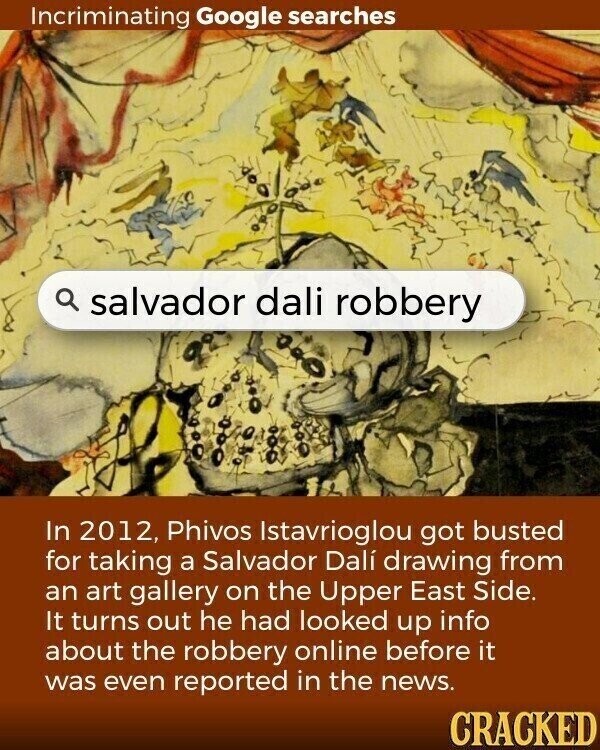 Incriminating Google searches a salvador dali robbery In 2012, Phivos Istavrioglou got busted for taking a Salvador Dalí drawing from an art gallery on the Upper East Side. It turns out he had looked up info about the robbery online before it was even reported in the news. CRACKED