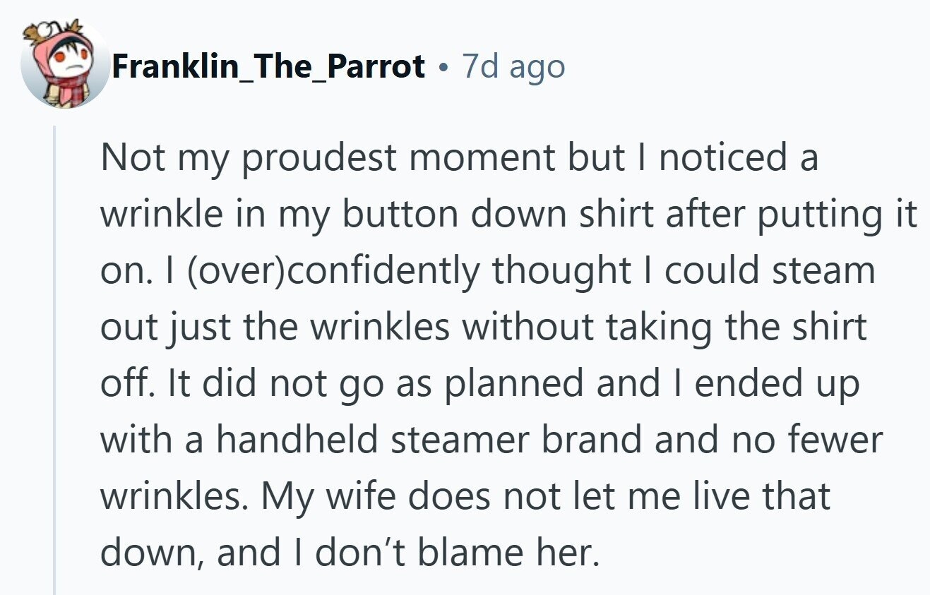 Franklin_The_Parrot . 7d ago Not my proudest moment but I noticed a wrinkle in my button down shirt after putting it on. I (over)confidently thought | could steam out just the wrinkles without taking the shirt off. It did not go as planned and I ended up with a handheld steamer brand and no fewer wrinkles. My wife does not let me live that down, and I don't blame her. 