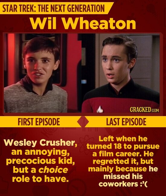 STAR TREK: THE NEXT GENERATION Wil Wheaton CRACKED.COM FIRST EPISODE LAST EPISODE Left when he Wesley Crusher, turned 18 to pursue an annoying, a film career. Не precocious kid, regretted it, but but a choice mainly because he missed his role to have. coworkers :'