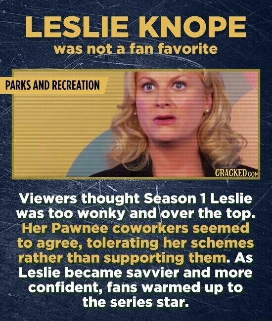 LESLIE KNOPE was not a fan favorite PARKS AND RECREATION CRACKED.COM Viewers thought Season 1 Leslie was too wonky and over the top. Her Pawnee coworkers seemed to agree, tolerating her schemes rather than supporting them. As Leslie became savvier and more confident, fans warmed up to the series star.