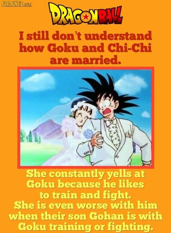 GRACKED.COM DRAGONBALL I still don't understand how Goku and Chi-Chi are married. She constantly yells at Goku because he likes to train and fight. She is even worse with him when their son Gohan is with Goku training or fighting.