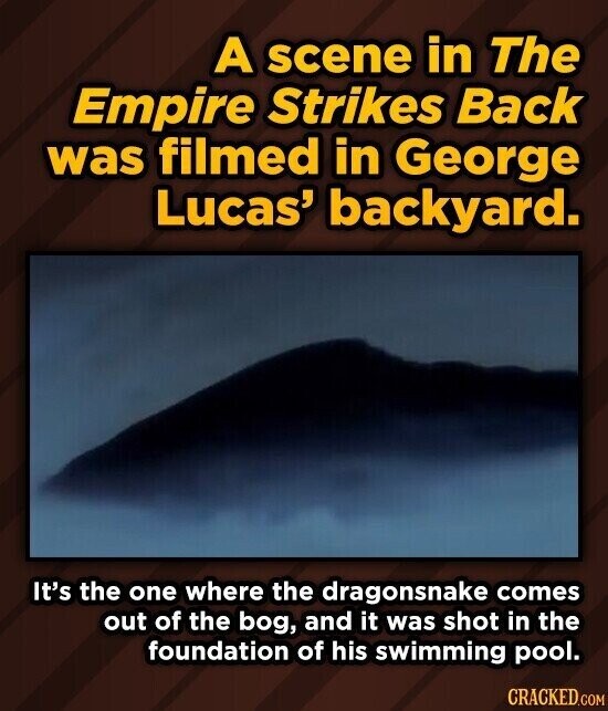 A scene in The Empire Strikes Back was filmed in George Lucas' backyard. It's the one where the dragonsnake comes out of the bog, and it was shot in the foundation of his swimming pool. CRACKED.COM
