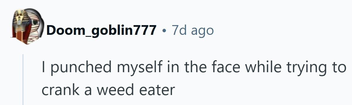 Doom_goblin777 . 7d ago I punched myself in the face while trying to crank a weed eater 