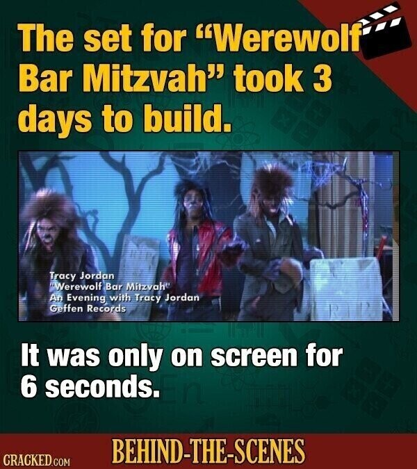 The set for Werewolf Bar Mitzvah took 3 days to build. Tracy Jordan Werewolf Bar Mitzvah An Evening with Tracy Jordan Geffen Records It was only on screen for 6 seconds. BEHIND-THE-SCENES CRACKED.COM