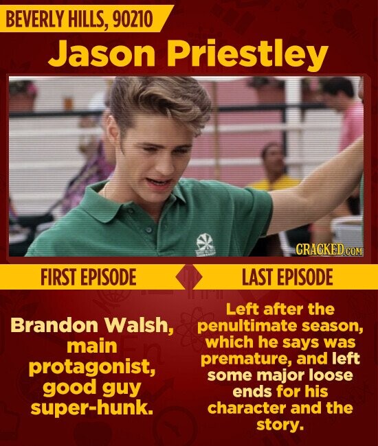 BEVERLY HILLS, 90210 Jason Priestley CRACKED.COM FIRST EPISODE LAST EPISODE Left after the Brandon Walsh, penultimate season, which he says was main premature, and left protagonist, some major loose good guy ends for his super-hunk. character and the story.