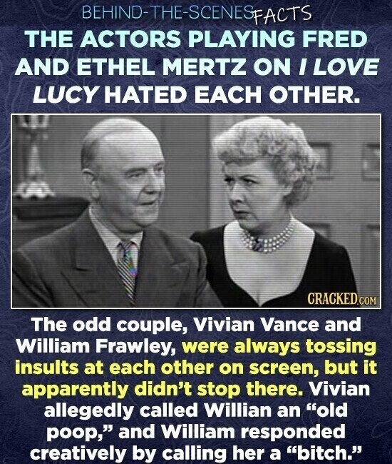BEHIND-THE-SCENES FACTS THE ACTORS PLAYING FRED AND ETHEL MERTZ ON I LOVE LUCY HATED EACH OTHER. CRACKED.COM The odd couple, Vivian Vance and William Frawley, were always tossing insults at each other on screen, but it apparently didn't stop there. Vivian allegedly called Willian an old poop, and William responded creatively by calling her a bitch.