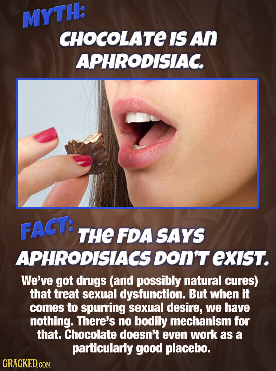 MYTH: CHOCOLATE IS An APHRODISIAC. FACT: THE FDA SAYS APHRODISIACS Don'T eXIST. We've got drugs (and possibly natural cures) that treat sexual dysfunction. But when it comes to spurring sexual desire, we have nothing. There's no bodily mechanism for that. Chocolate doesn't even work as a particularly good placebo. CRACKED.COM