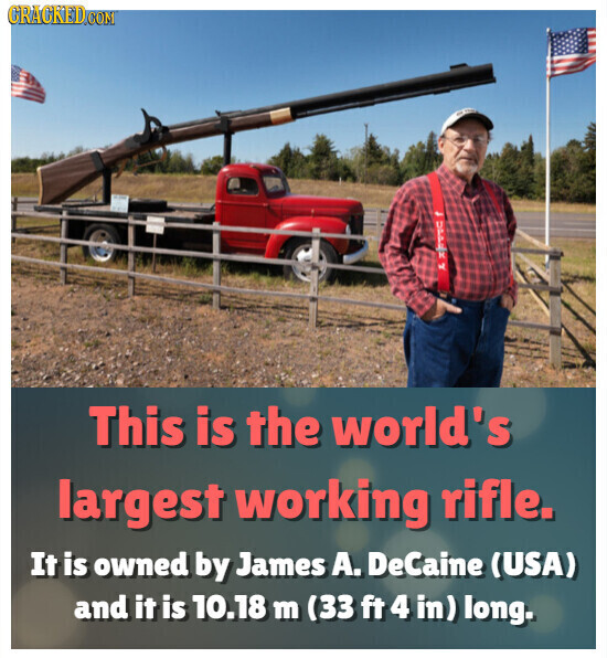 CRACKED.COM This is the world's largest working rifle. It is owned by James А. DeCaine (USA) and it is 10.18 m (33 ft 4 in) long.