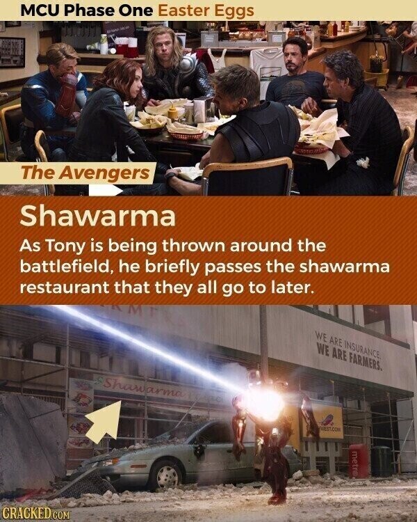 MCU Phase One Easter Eggs - The Avengers Shawarma As Tony is being thrown around the battlefield, he briefly passes the shawarma restaurant that they all go to later. WE ARE INSURANCE. WE ARE FARMERS. WEST.COM metro CRACKED.COM