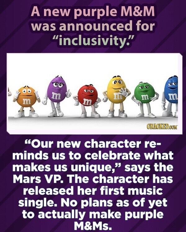 A new purple M&M was announced for inclusivity. m m m m m m GRAGKED.COM Our new character re- minds us to celebrate what makes us unique, says the Mars VP. The character has released her first music single. No plans as of yet to actually make purple M&Ms.
