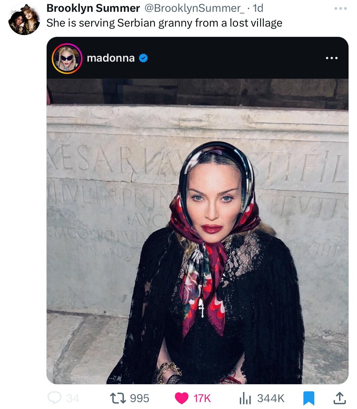 Brooklyn Summer @BrooklynSummer_ 1d She is serving Serbian granny from a lost village madonna ... ESARVE AVLENPRIN 19 AVC EMCOSICIVLI COLONIAX 34 995 17K 344K