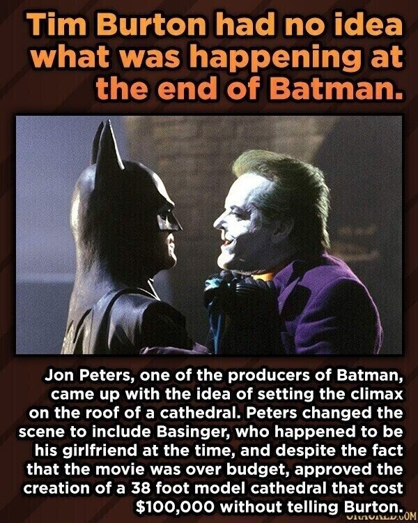 Tim Burton had no idea what was happening at the end of Batman. Jon Peters, one of the producers of Batman, came up with the idea of setting the climax on the roof of a cathedral. Peters changed the scene to include Basinger, who happened to be his girlfriend at the time, and despite the fact that the movie was over budget, approved the creation of a 38 foot model cathedral that cost $100,000 without telling Burton. UNIVERSE.COM