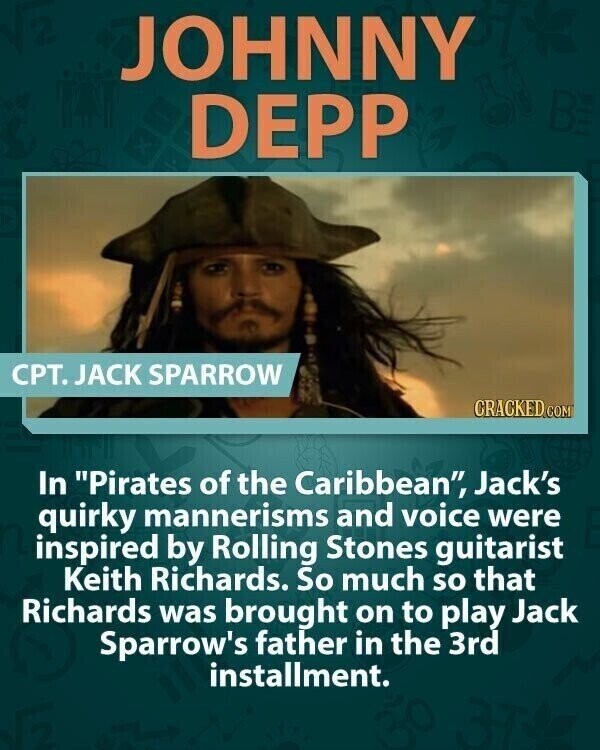 JOHNNY DEPP CPT. JACK SPARROW CRACKED.COM In Pirates of the Caribbean, Jack's quirky mannerisms and voice were inspired by Rolling Stones guitarist Keith Richards. So much so that Richards was brought on to play Jack Sparrow's father in the 3rd installment.