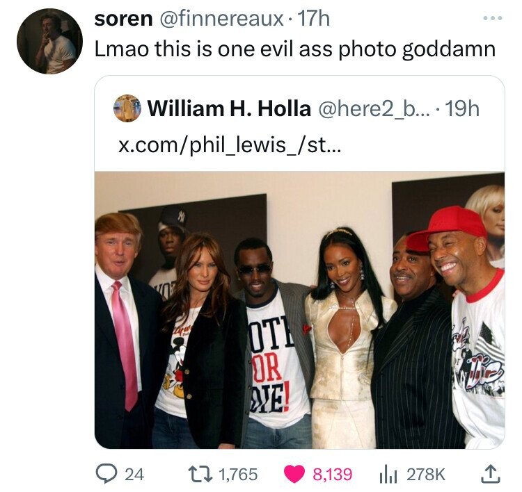 soren @finnereaux. 17h ... Lmao this is one evil ass photo goddamn William H. Holla @here2_b... . 19h x.com/phil_lewis_/st... 0 llow OT OR DIE! 24 1,765 8,139 278K