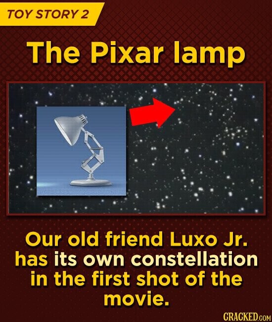 TOY STORY 2 The Pixar lamp Our old friend Luxo Jr. has its own constellation in the first shot of the movie. CRACKED.COM