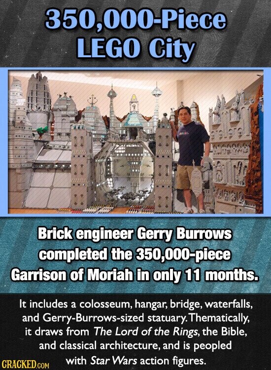 350,000-Piece LEGO City Brick engineer Gerry Burrows completed the 350,000-piece Garrison of Moriah in only 11 months. It includes a colosseum, hangar, bridge, waterfalls, and Gerry-Burrows-sized statuary. Thematically, it draws from The Lord of the Rings, the Bible, and classical architecture, and is peopled with Star Wars action figures. CRACKED.COM