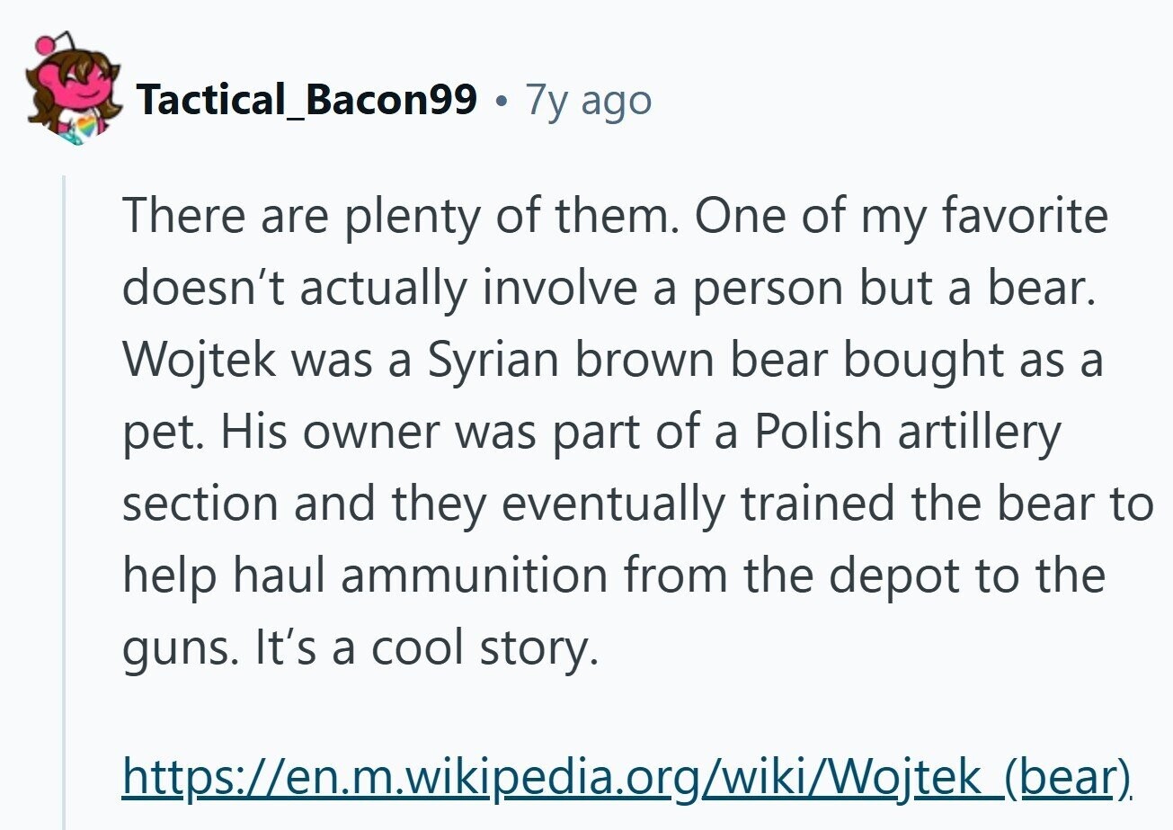 Tactical_Bacon99 . 7y ago There are plenty of them. One of my favorite doesn't actually involve a person but a bear. Wojtek was a Syrian brown bear bought as a pet. His owner was part of a Polish artillery section and they eventually trained the bear to help haul ammunition from the depot to the guns. It's a cool story. https://en.m.wikipedia.org/wiki/Wojtek_(bear) 