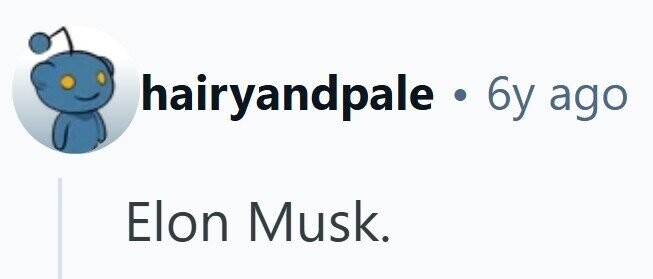 hairyandpale . 6y ago Elon Musk.