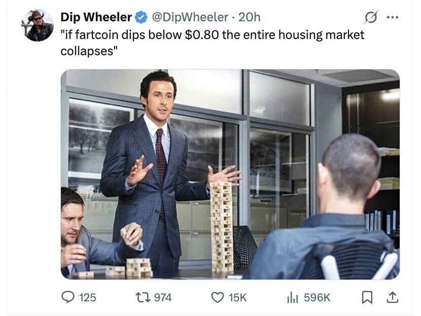 Dip Wheeler @DipWheeler 20h S ... if fartcoin dips below $0.80 the entire housing market collapses 125 974 15K del 596K