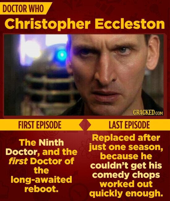 DOCTOR WHO Christopher Eccleston CRACKED.COM FIRST EPISODE LAST EPISODE Replaced after The Ninth just one season, Doctor, and the because he first Doctor of couldn't get his the comedy chops long-awaited worked out reboot. quickly enough.
