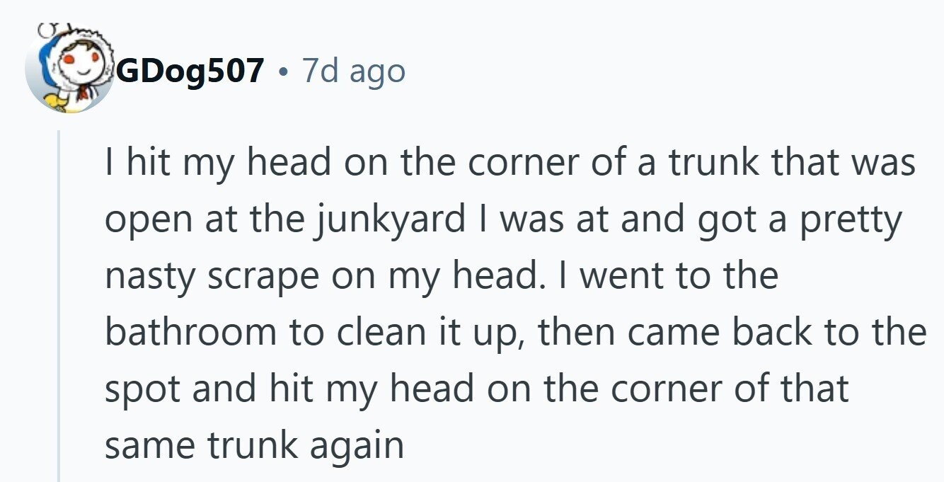 GDog507 . 7d ago | hit my head on the corner of a trunk that was open at the junkyard I was at and got a pretty nasty scrape on my head. I went to the bathroom to clean it up, then came back to the spot and hit my head on the corner of that same trunk again 