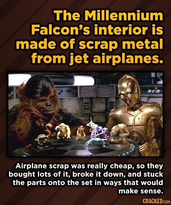 The Millennium Falcon's interior is made of scrap metal from jet airplanes. Airplane scrap was really cheap, so they bought lots of it, broke it down, and stuck the parts onto the set in ways that would make sense. CRACKED.COM