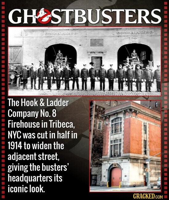 GHOSTBUSTERS LADDER-5 BASOCICA -B-HOOKALAD The Hook & Ladder Company No. 8 Firehouse in Tribeca, NYC was cut in half in 1914 to widen the adjacent street, giving the busters' headquarters its iconic look. CRACKED.COM