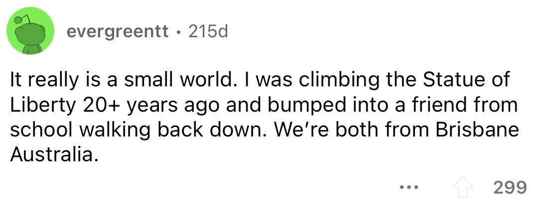 evergreentt . 215d It really is a small world. I was climbing the Statue of Liberty 20+ years ago and bumped into a friend from school walking back down. We're both from Brisbane Australia. ... 299