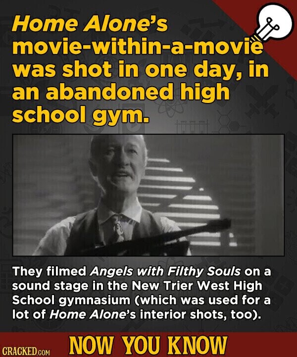 Home Alone's movie-within-a-movie was shot in one day, in an abandoned high school gym. They filmed Angels with Filthy Souls on a sound stage in the New Trier West High School gymnasium (which was used for a lot of Home Alone's interior shots, too). NOW YOU KNOW CRACKED.COM