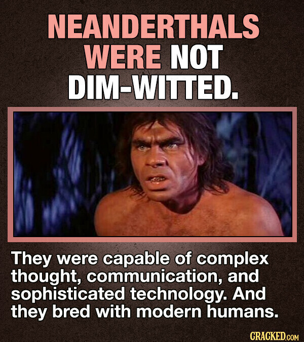 NEANDERTHALS WERE NOT DIM-WITTED. They were capable of complex thought, communication, and sophisticated technology. And they bred with modern humans. CRACKED.COM