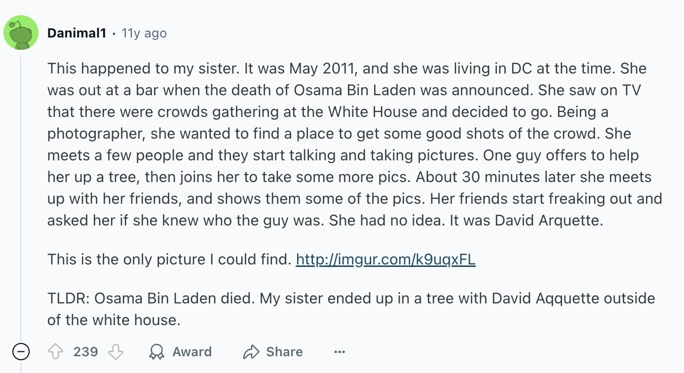 Danimal1 11y ago This happened to my sister. It was May 2011, and she was living in DC at the time. She was out at a bar when the death of Osama Bin Laden was announced. She saw on TV that there were crowds gathering at the White House and decided to go. Being a photographer, she wanted to find a place to get some good shots of the crowd. She meets a few people and they start talking and taking pictures. One guy offers to help her up a tree, then joins her to take some more pics. About