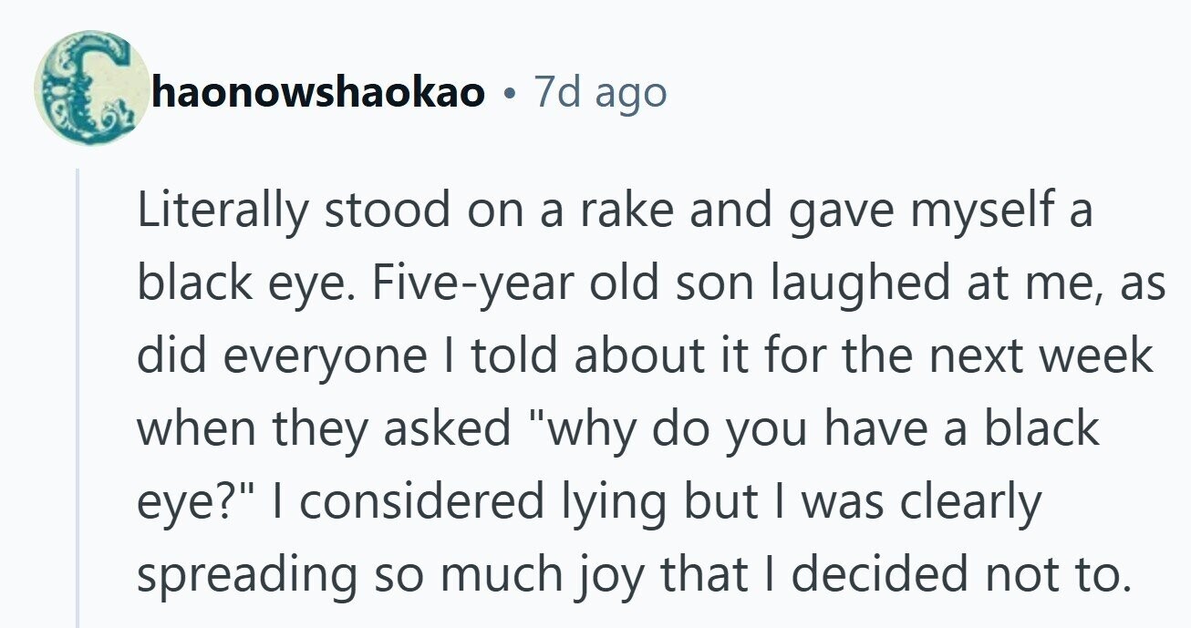 ب haonowshaokao . 7d ago Literally stood on a rake and gave myself a black eye. Five-year old son laughed at me, as did everyone I told about it for the next week when they asked why do you have a black eye? I considered lying but I was clearly spreading so much joy that I decided not to. 