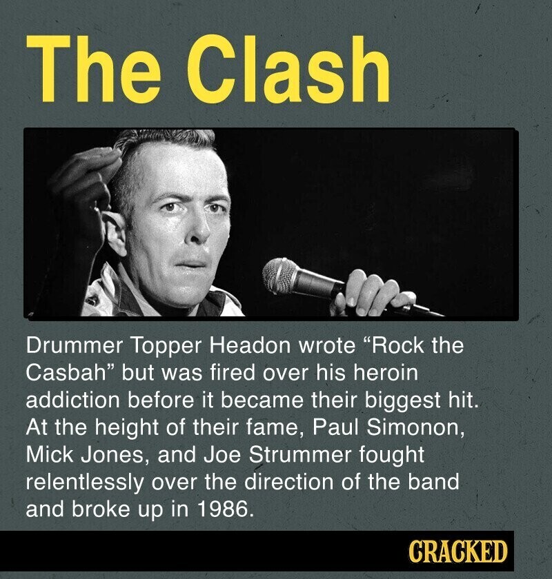 The Clash Drummer Topper Headon wrote Rock the Casbah but was fired over his heroin addiction before it became their biggest hit. At the height of their fame, Paul Simonon, Mick Jones, and Joe Strummer fought relentlessly over the direction of the band and broke up in 1986. CRACKED